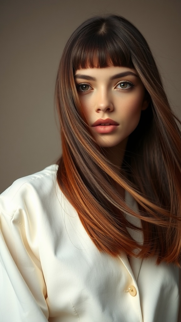 A person with long, straight hair styled in a center part, featuring a subtle color gradient.