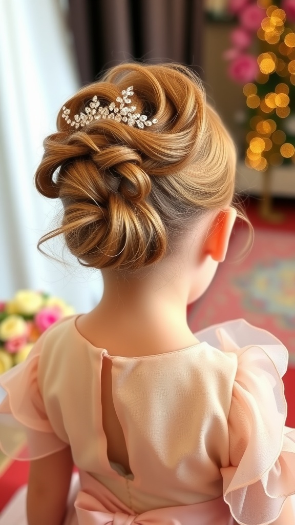 A cute curly updo hairstyle for a child, featuring soft curls and a sparkling hair accessory.