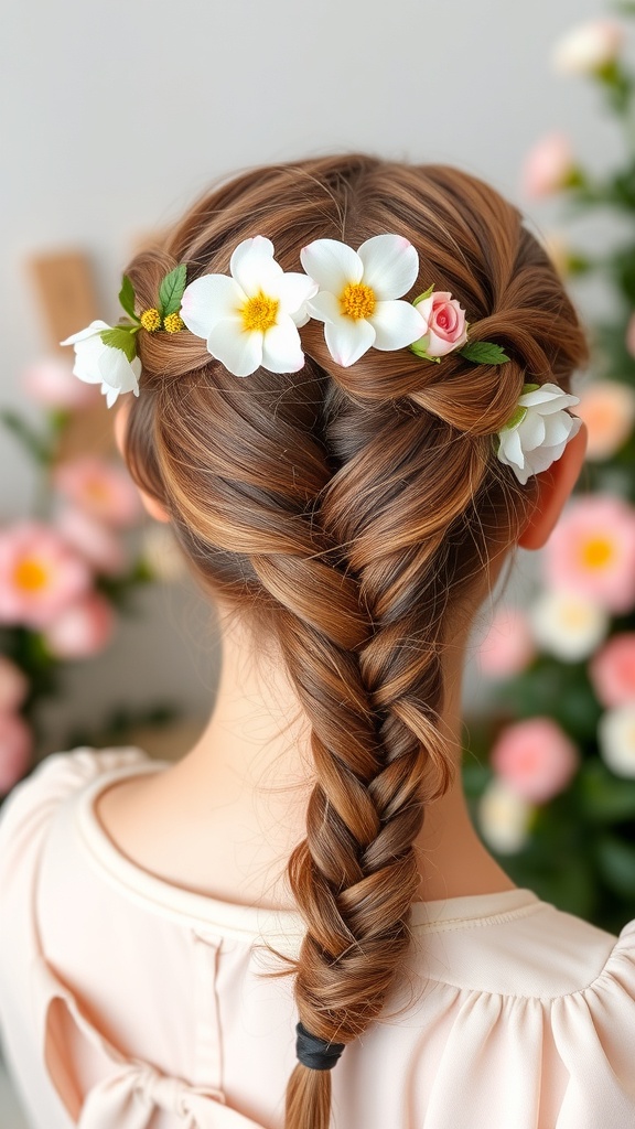 A charming headband braid adorned with flowers, perfect for a birthday celebration.