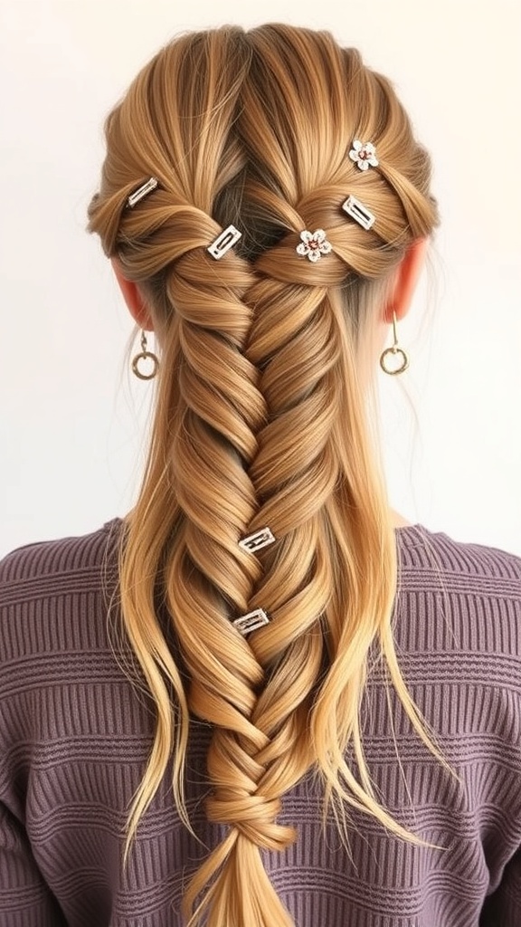A charming waterfall braid hairstyle with decorative hair clips.