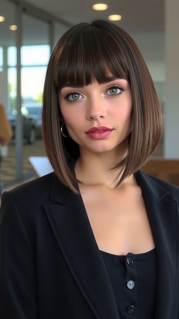 A young woman with a blunt bob hairstyle and bangs, wearing a black blazer, smiling softly.