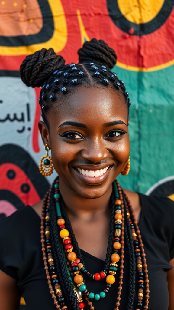 A woman with Bantu knots, wearing colorful beads and necklaces, smiles in front of a vibrant backdrop.