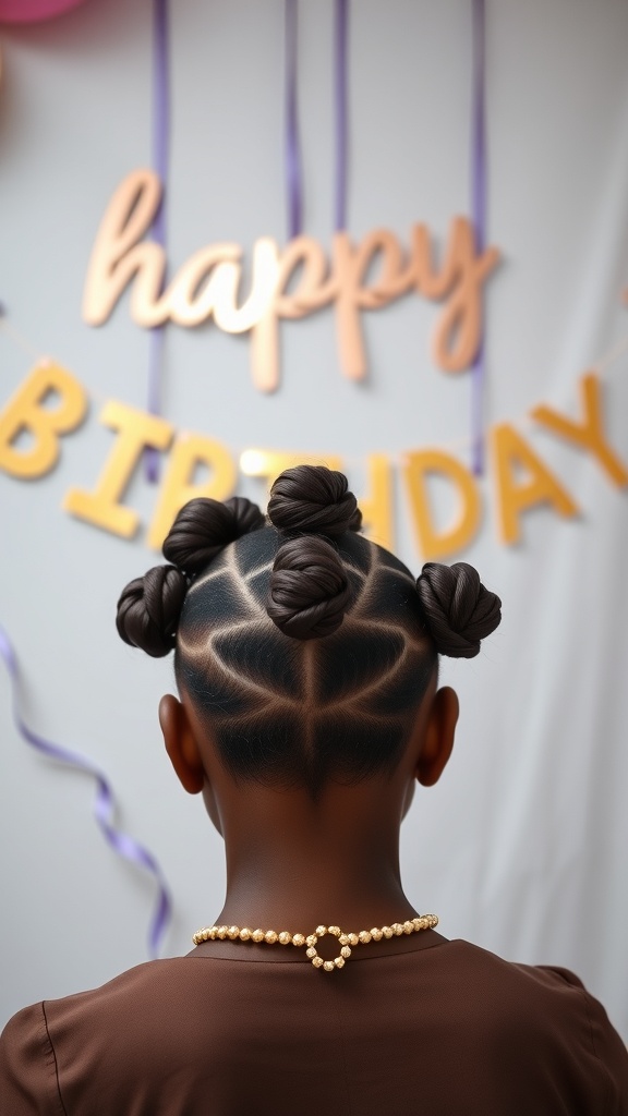 A close-up view of a child's back head featuring chic Bantu knots, with a birthday decoration in the background.