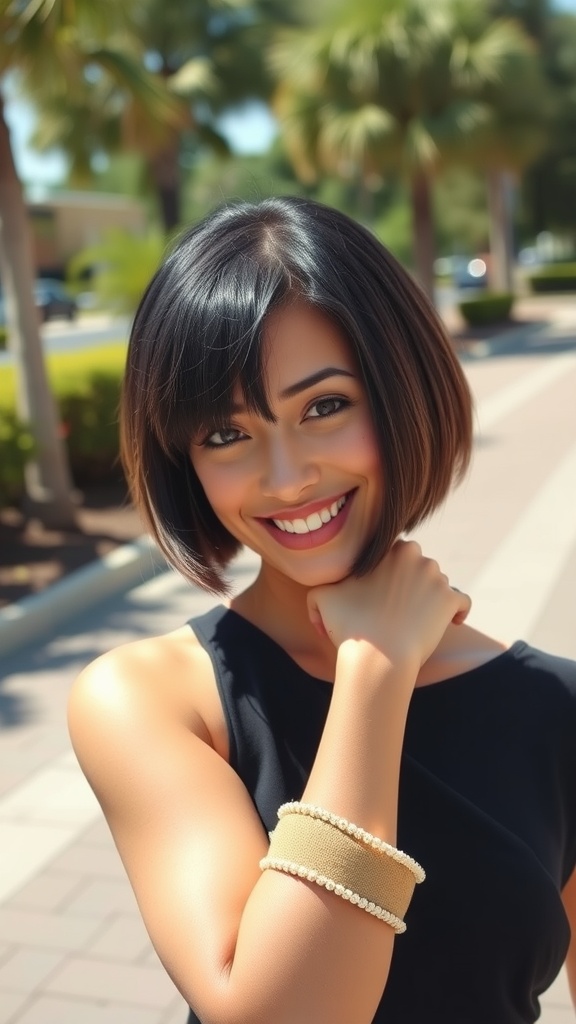Woman smiling with a chic blunt bob hairstyle and side bangs, wearing a black outfit and stylish bracelet