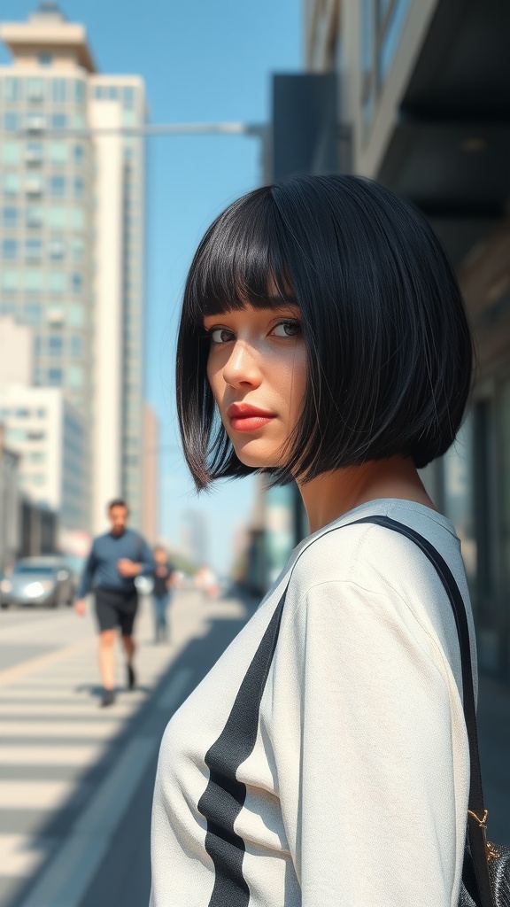 A woman with a chic blunt cut bob hairstyle, standing on a busy city street, showcasing her stylish look.