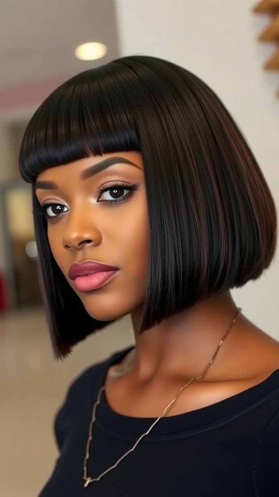 A woman with a sleek blunt cut bob hairstyle and a fringe, showcasing a confident and stylish look.