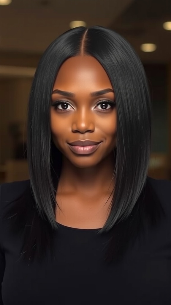 A woman with a chic blunt cut long bob hairstyle, featuring straight edges and a polished appearance.