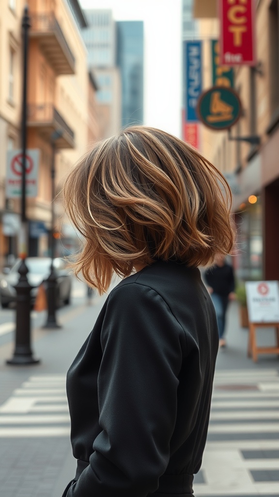 A woman with a stylish bob haircut, showcasing soft waves, standing on a city street.