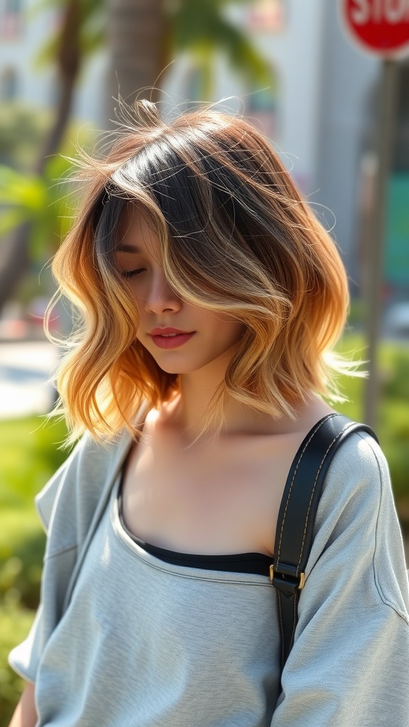 A woman with a chic bob hairstyle featuring soft waves, showcasing a blend of colors and a stylish appearance.