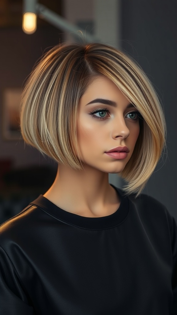 A stylish bob hairstyle with subtle undercut and highlights, showcasing a modern and chic look.