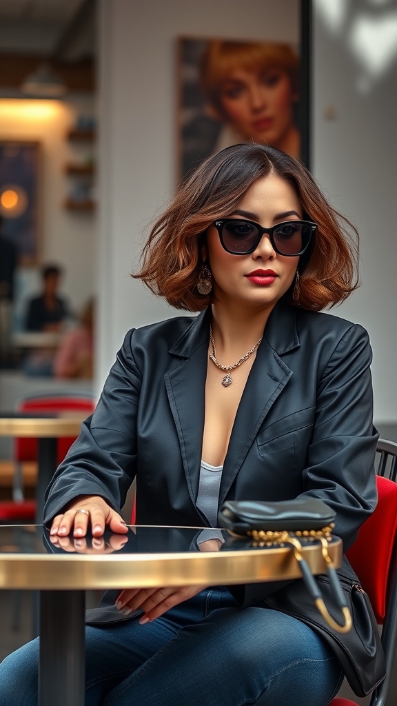 A woman with a chic curly bob hairstyle, wearing sunglasses and a black blazer, sitting at a café table.
