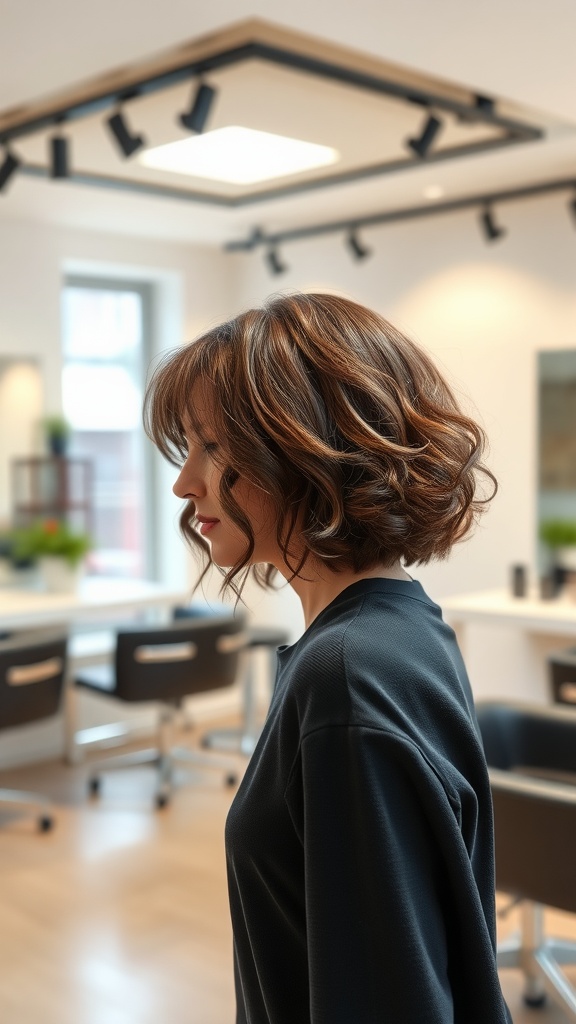 A woman with a chic curly bob and bangs, standing in a modern salon.