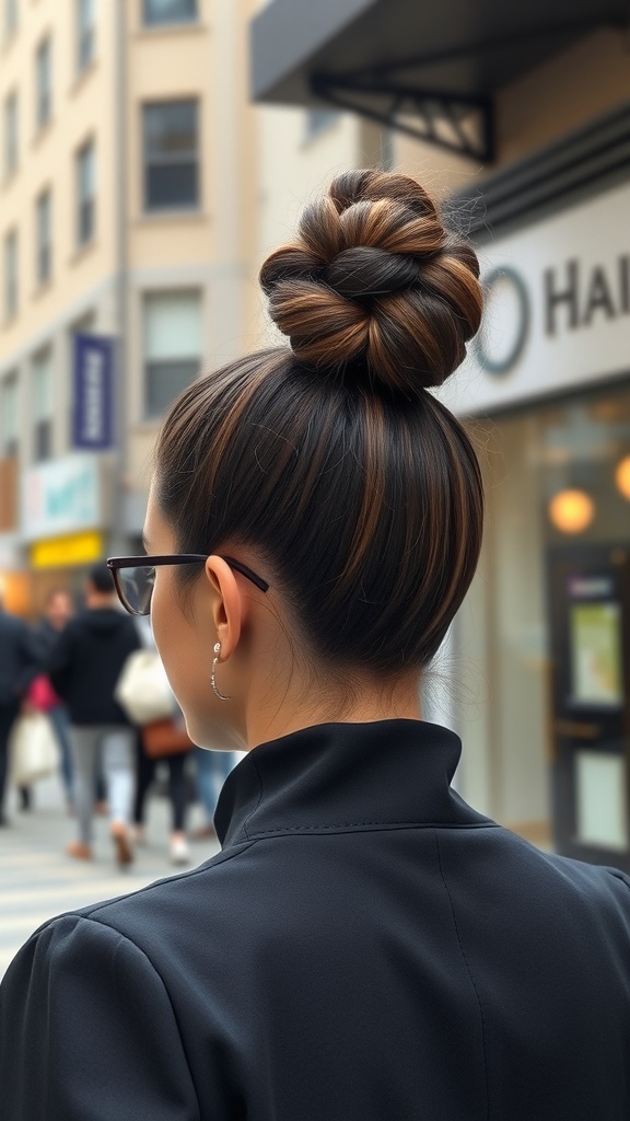 A woman with a chic curly top knot hairstyle, showcasing a stylish look in an urban environment.