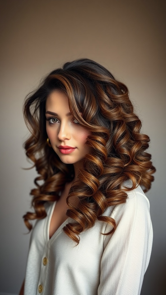 A woman with beautiful, defined curls styled in a half-up, half-down hairstyle, showcasing volume and texture.