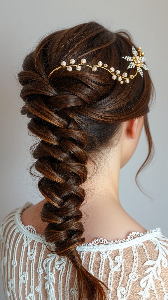 A close-up view of a chic halo braid adorned with a decorative hairpiece