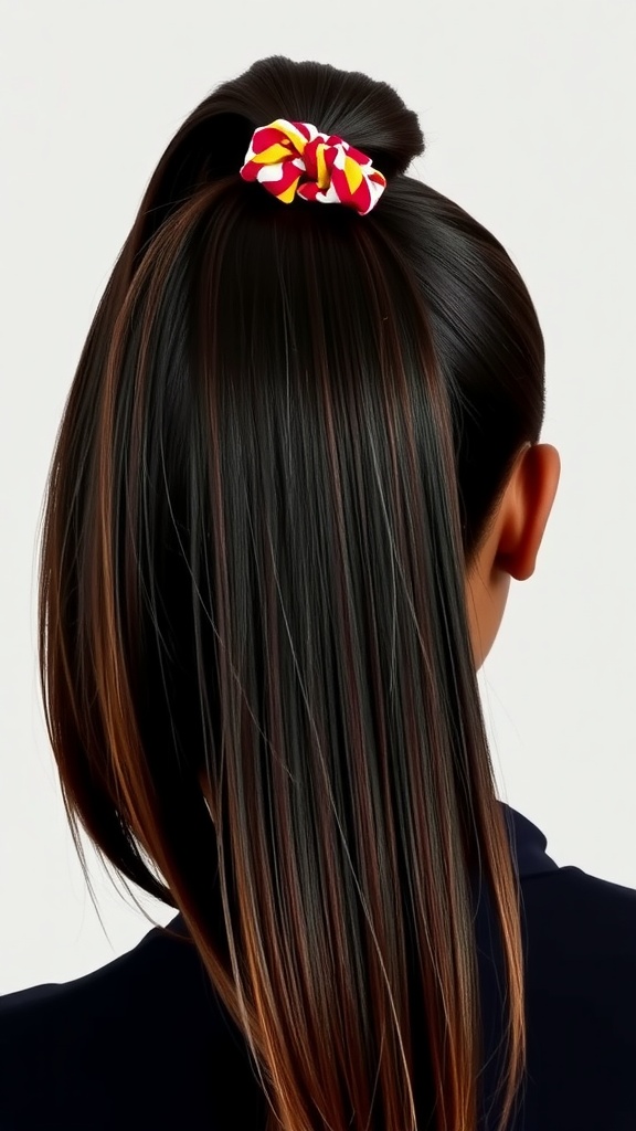 A back view of a woman's chic high ponytail, styled neatly with a colorful scrunchie.