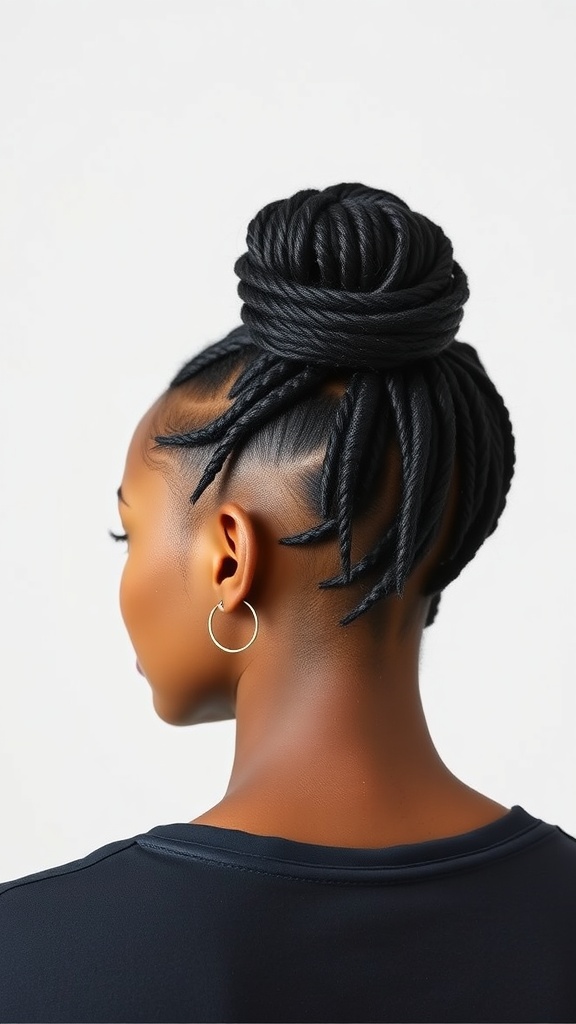 A woman with a stylish locs bun hairstyle, showcasing elegant twists and a polished finish.