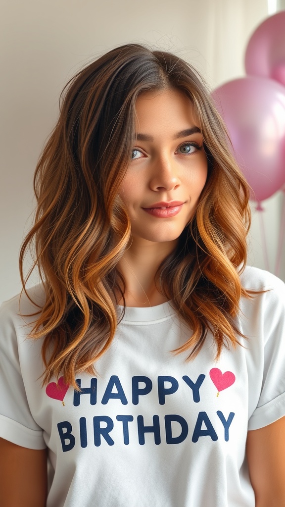 A young woman with loose waves in her hair, wearing a 'Happy Birthday' t-shirt, celebrating a birthday.