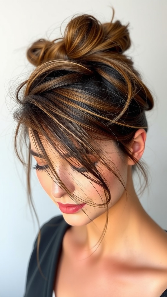 A woman with medium-length hair styled in a chic messy bun, featuring loose strands framing her face.