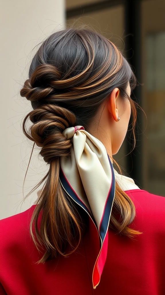 Chic mid ponytail hairstyle with a silk scarf