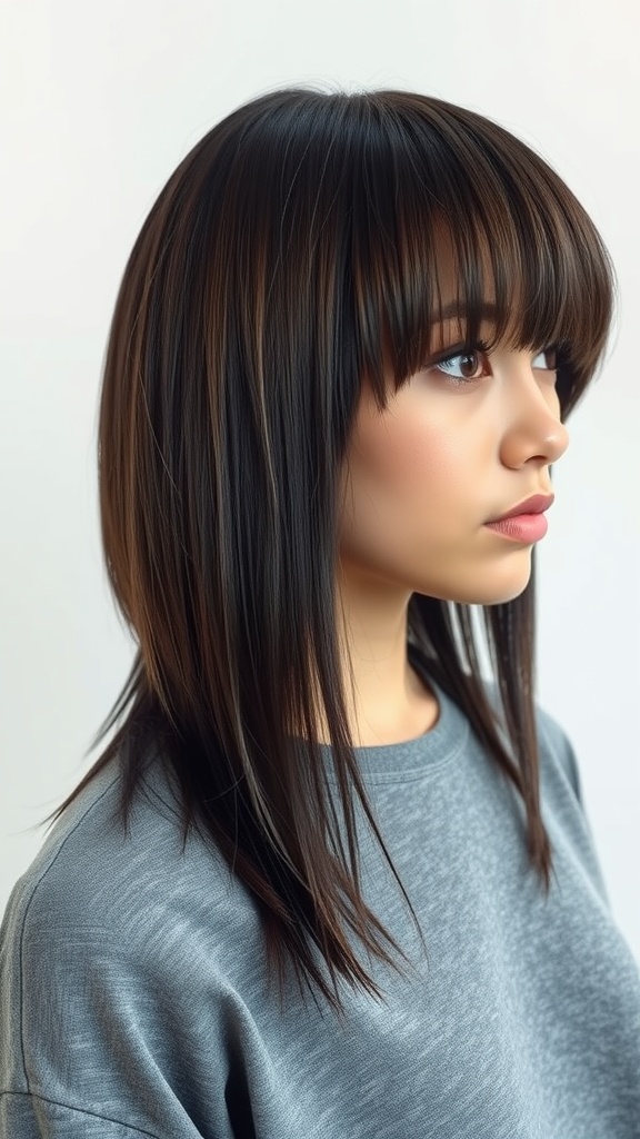 A woman with modern mullet straight hair and blunt bangs, showcasing a chic hairstyle.