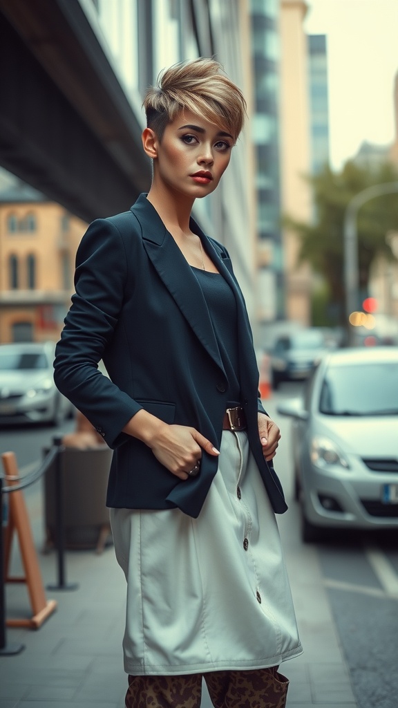 A woman with a chic pixie cut wearing a blazer and skirt, standing confidently on the street.