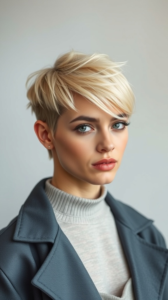 A model with a chic pixie cut, showcasing short blonde hair styled with soft layers.