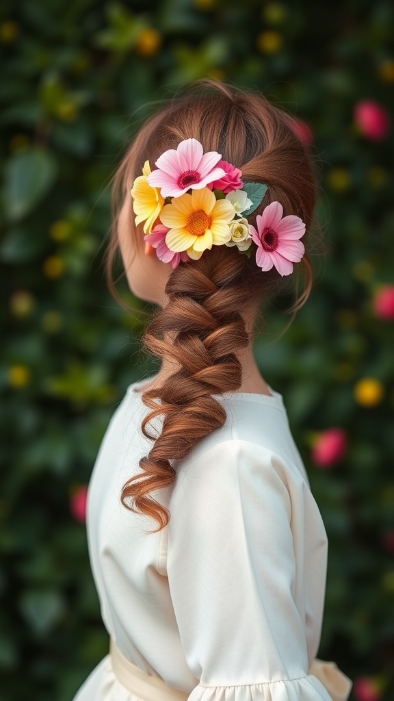 A girl with a chic side ponytail decorated with colorful flowers, set against a green background.