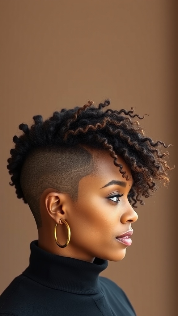 A woman with a chic tapered cut hairstyle, featuring short sides and long curls on top, showcasing her facial features.