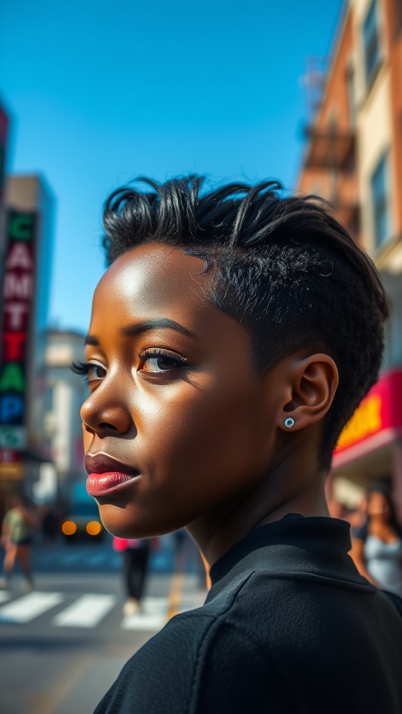 A woman with a chic tapered haircut standing on a city street, showcasing her confident style.