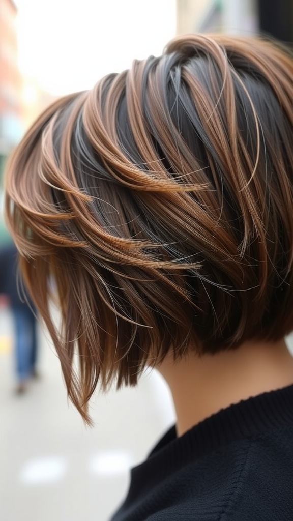 A close-up view of a chic short layered bob hairstyle with textured layers and a blend of colors.