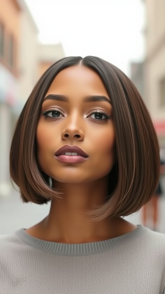 A woman with chin-length bob hairstyle, showcasing a sleek and shiny look.