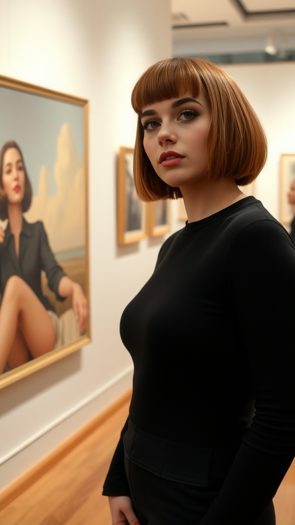 A woman with a choppy bob hairstyle standing in an art gallery, looking confidently at the camera.