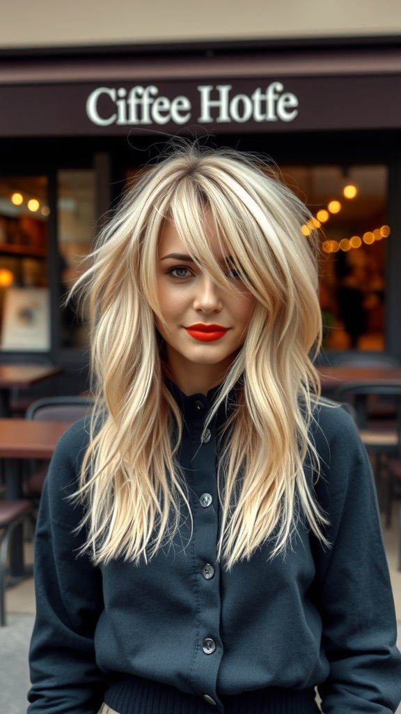 A woman with a choppy long bob hairstyle in blonde, wearing a dark cardigan, with a confident expression outside a coffee shop.