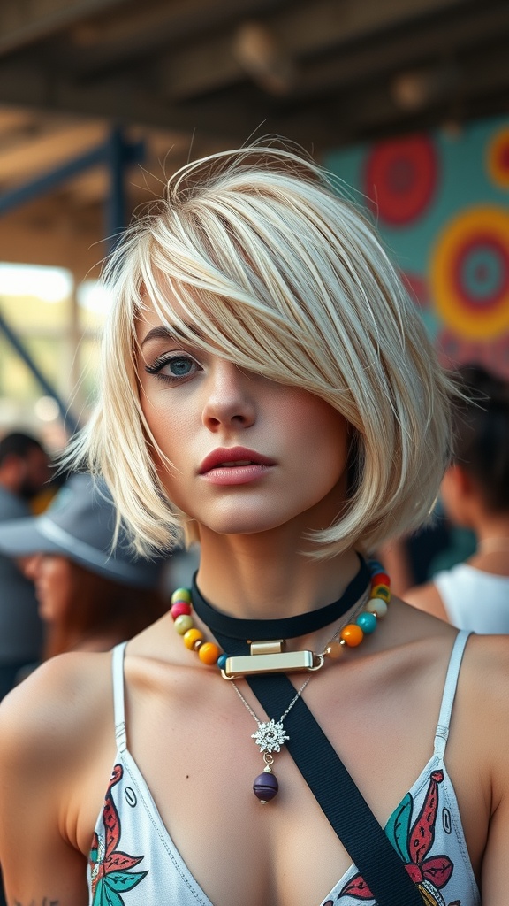 A stylish young woman with a choppy short blonde bob hairstyle, wearing colorful accessories.