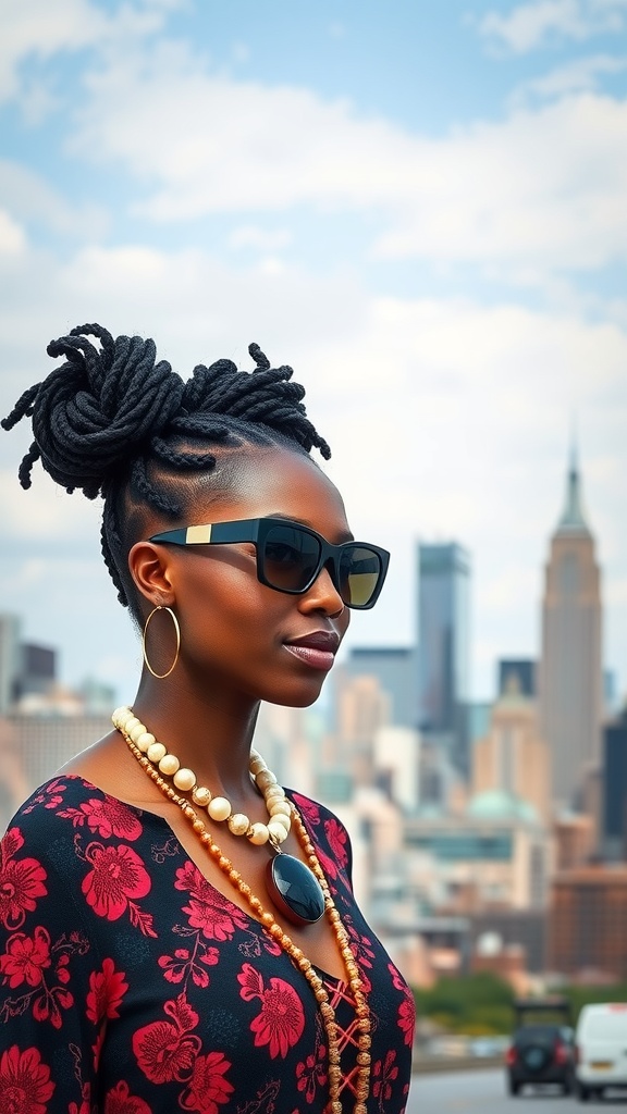 A woman with chunky Bantu knots wearing sunglasses and layered necklaces against a city skyline.