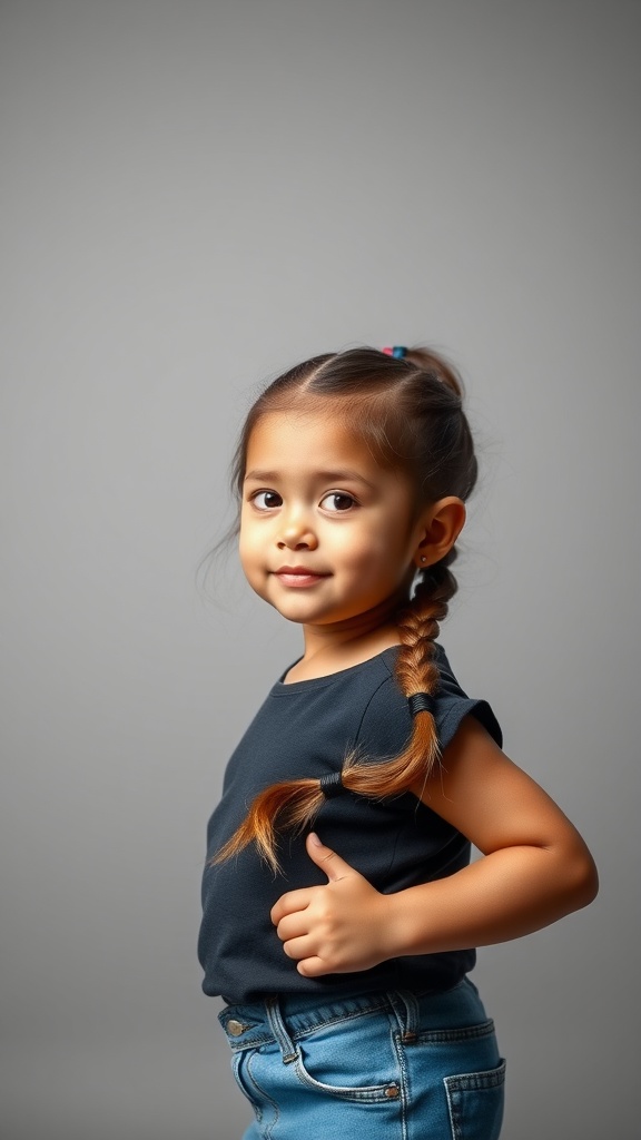 A toddler with a chunky braided ponytail, smiling and posing