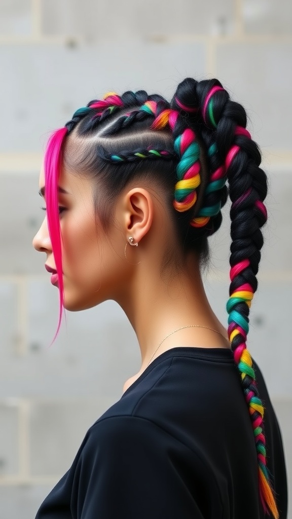 Side view of a woman with a chunky feed-in braids ponytail featuring vibrant colors.