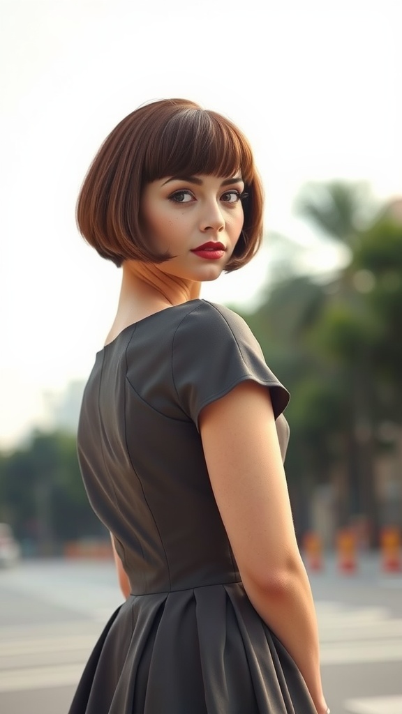 A woman with a classic A-line bob hairstyle, wearing a black dress, looking back at the camera.