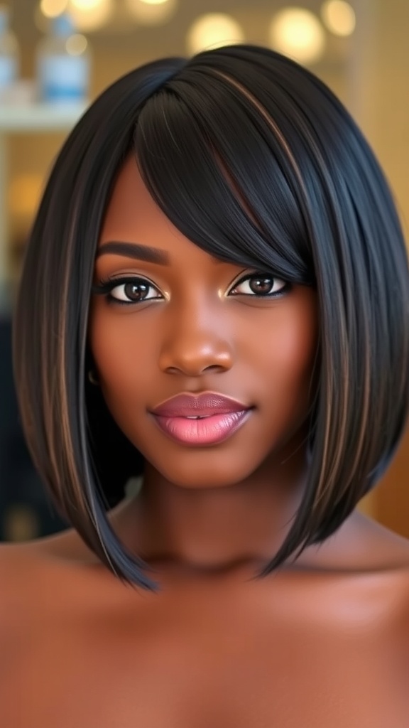 A woman with a classic A-line bob hairstyle, showcasing smooth, shiny hair with subtle layers.
