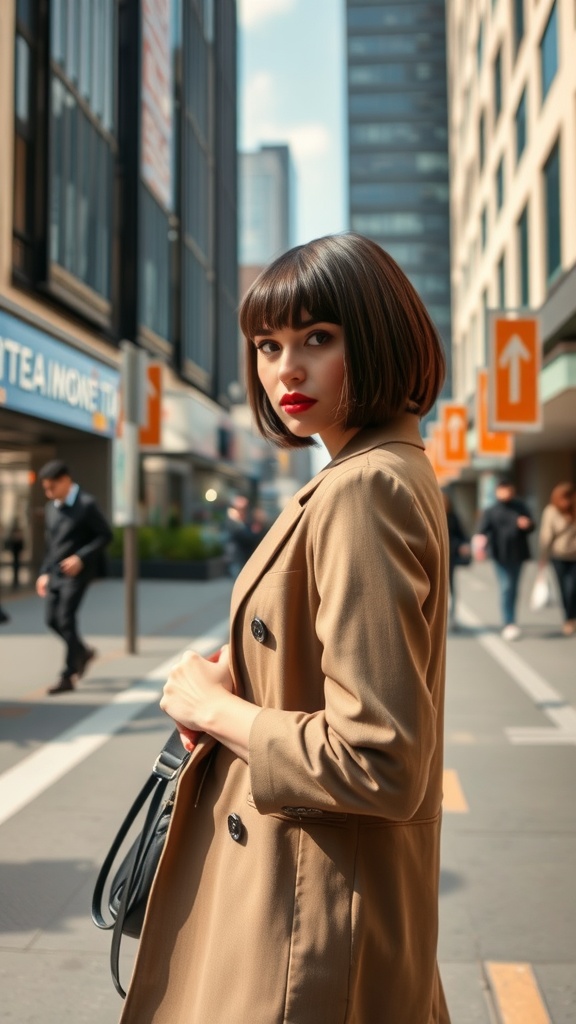 A woman with a sleek A-line bob hairstyle, wearing a beige coat, poses confidently in an urban setting.