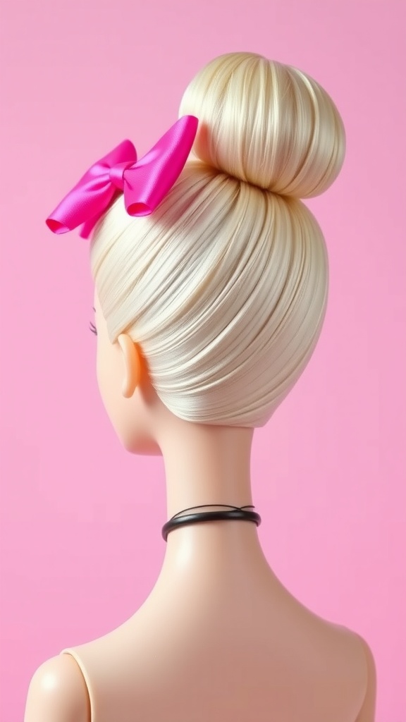 A Barbie doll with a classic high ponytail hairstyle, featuring a pink bow on top.