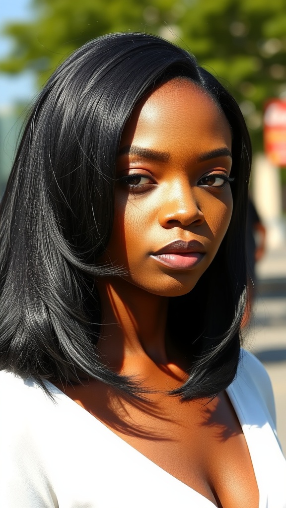 A woman showcasing a classic blowout hairstyle, with straight and shiny hair.