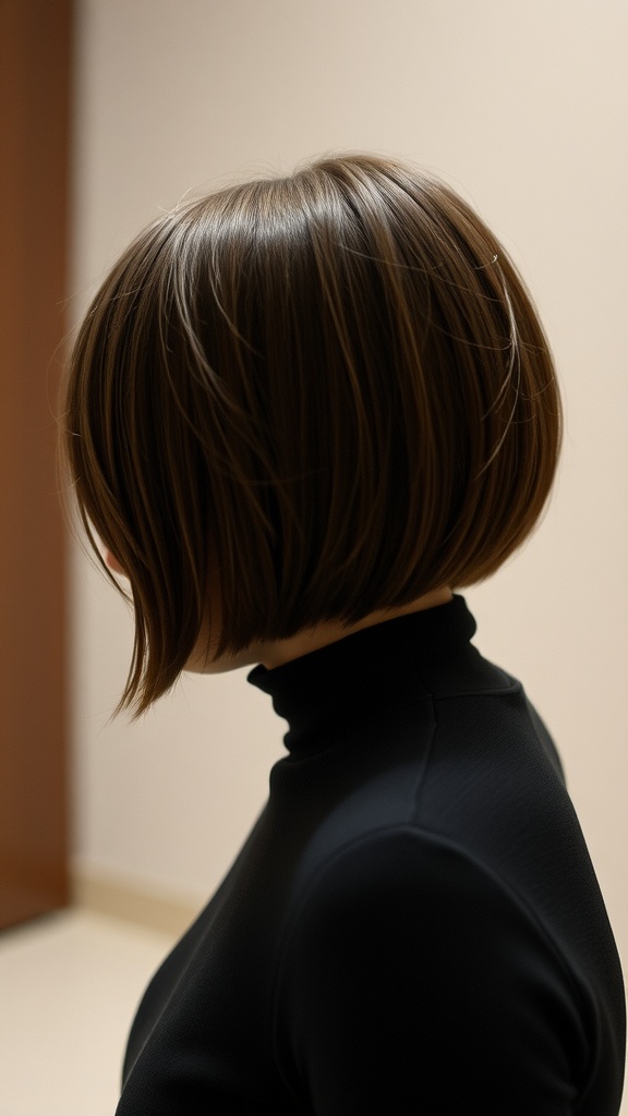 A woman with a classic blunt bob hairstyle featuring layered ends, wearing a black turtleneck.