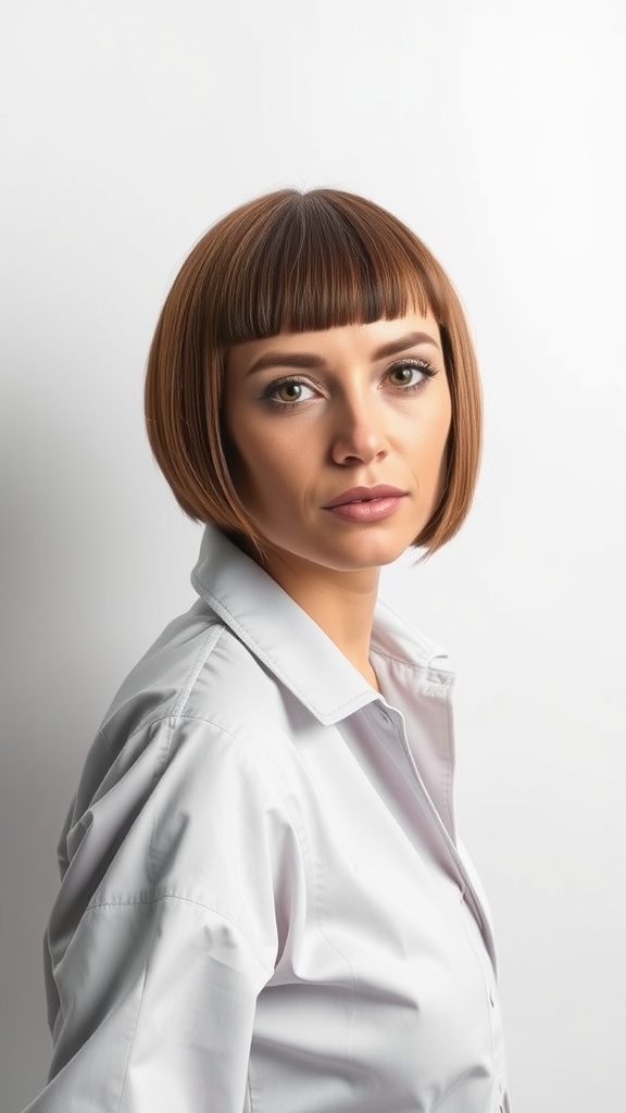 A woman with a classic blunt cut hairstyle, featuring straight hair and a fringe, wearing a white shirt.