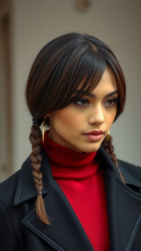 A woman with a classic bob braid hairstyle, wearing a red turtleneck and large hoop earrings.