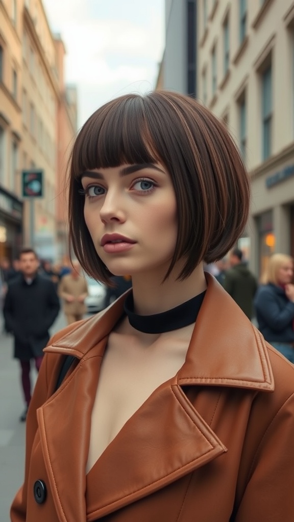 A woman with a classic bob cut, wearing a brown coat and choker, in a city street.