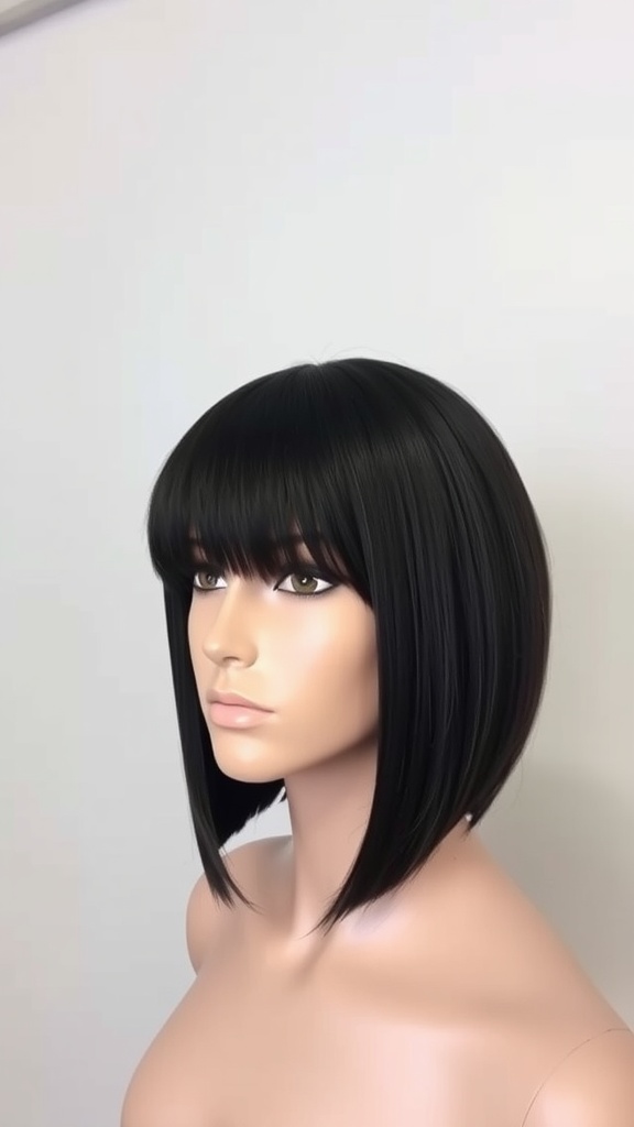 A mannequin displaying a classic bob quick weave hairstyle with bangs.