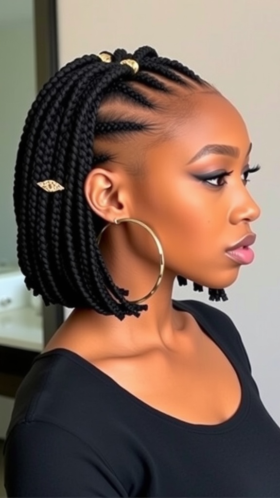 A woman with a classic bob hairstyle featuring box braids and gold accessories.