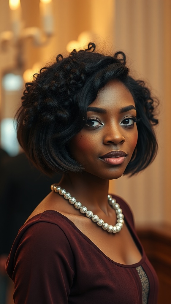 A woman with a classic bob hairstyle featuring natural curls, wearing a pearl necklace.